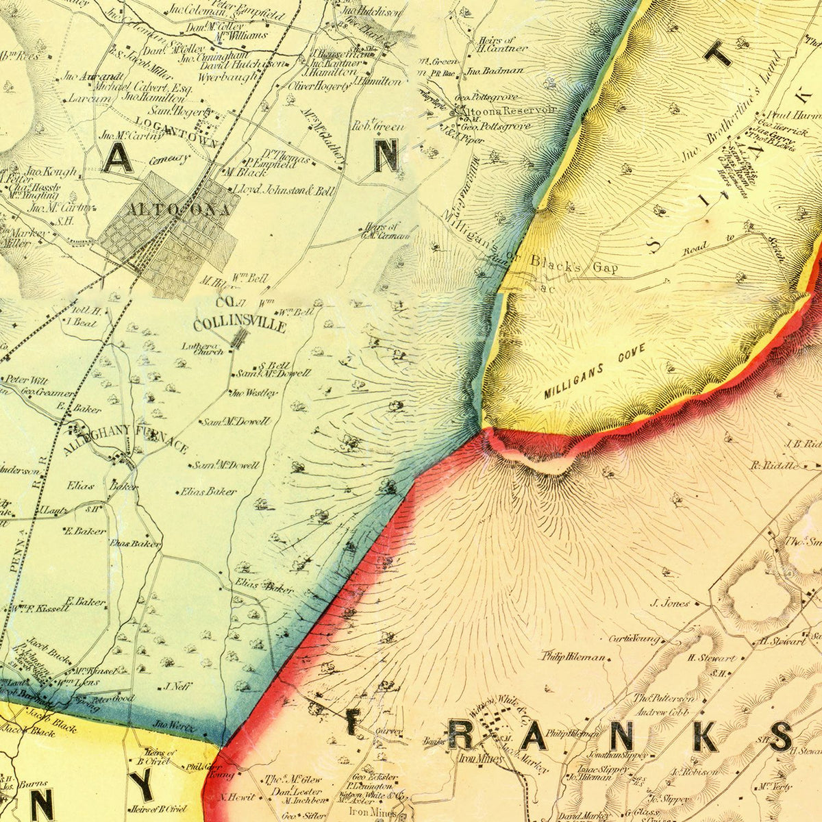Restored historic details from the 1859 county map of Blair County, Pennsylvania