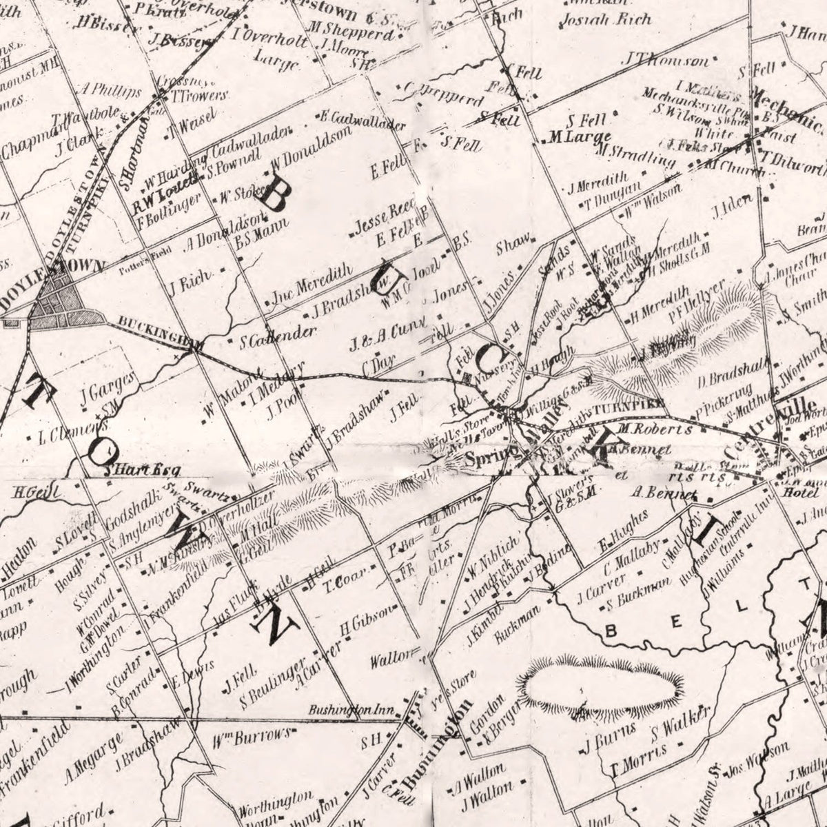 Restored historic details from the 1850 county map of Bucks County, Pennsylvania