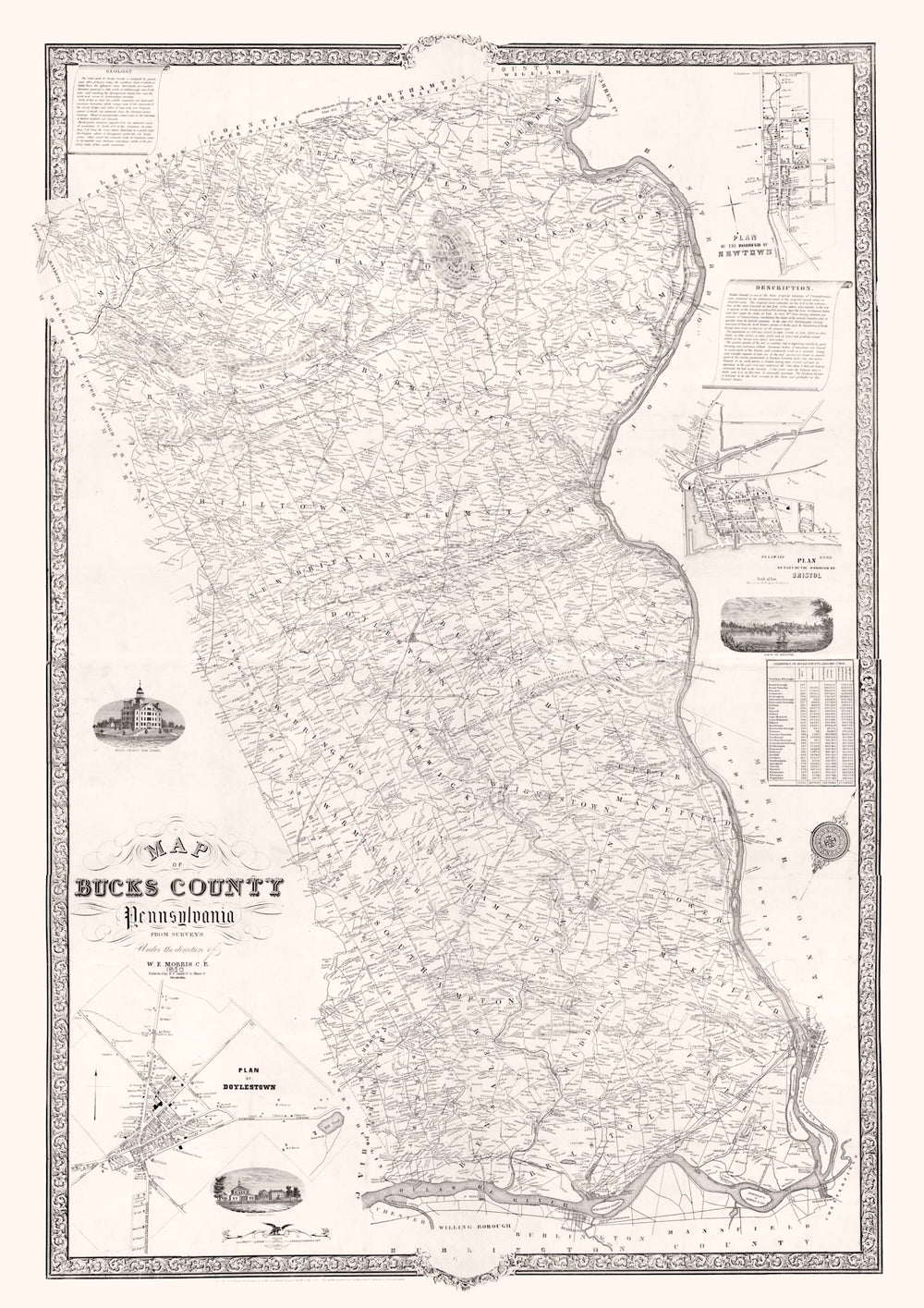 Vintage Map of Bucks County, Pennsylvania 1850 print style example