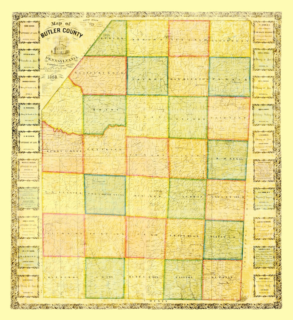 Vintage Map of Butler County, Pennsylvania 1858 print style example