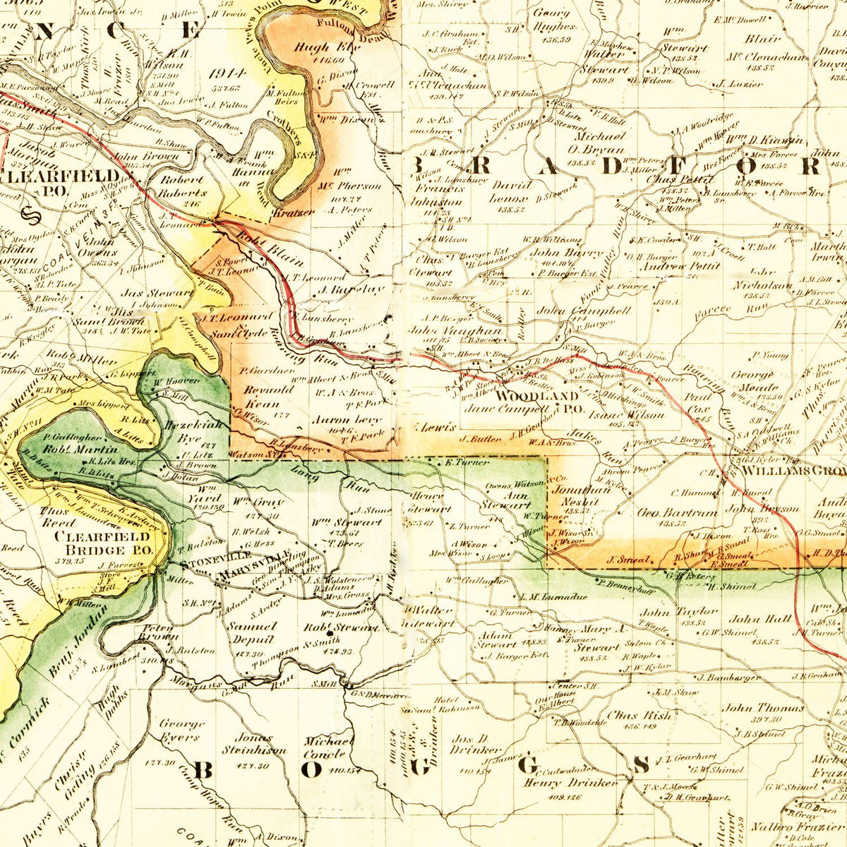 Restored historic details from the 1866 county map of Clearfield County, Pennsylvania