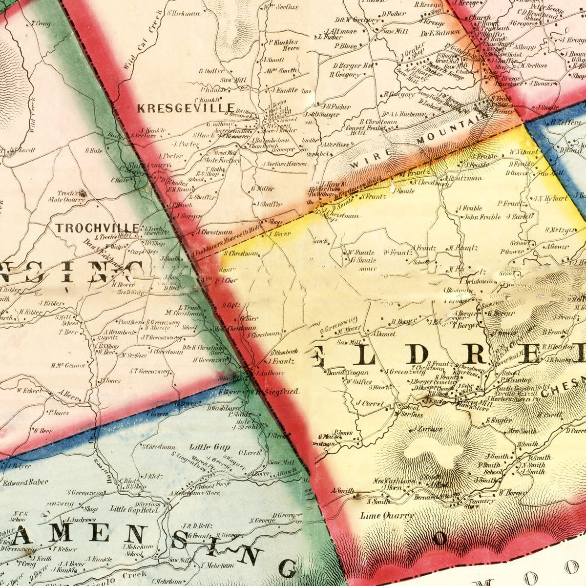 Restored historic details from the 1860 county map of Monroe County, Pennsylvania