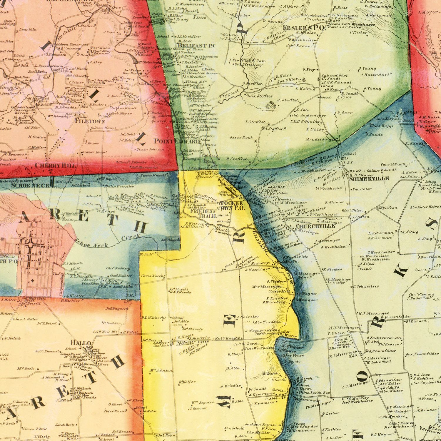 Restored historic details from the 1860 county map of Northampton County, Pennsylvania