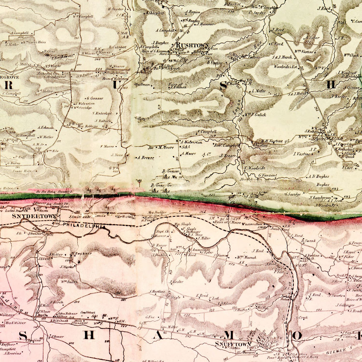 Restored historic details from the 1858 county map of Northumberland County, Pennsylvania