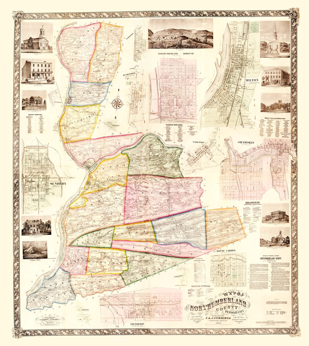 Vintage Map of Northumberland County, Pennsylvania 1858 print style example