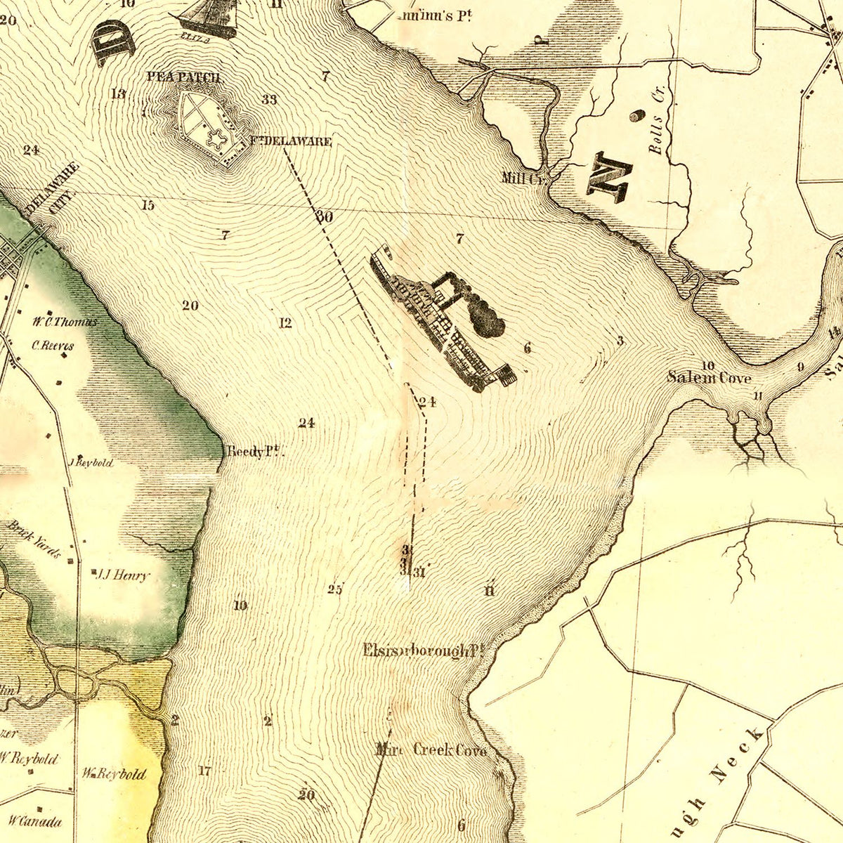 Restored historic details from the 1849 county map of New Castle County, Delaware