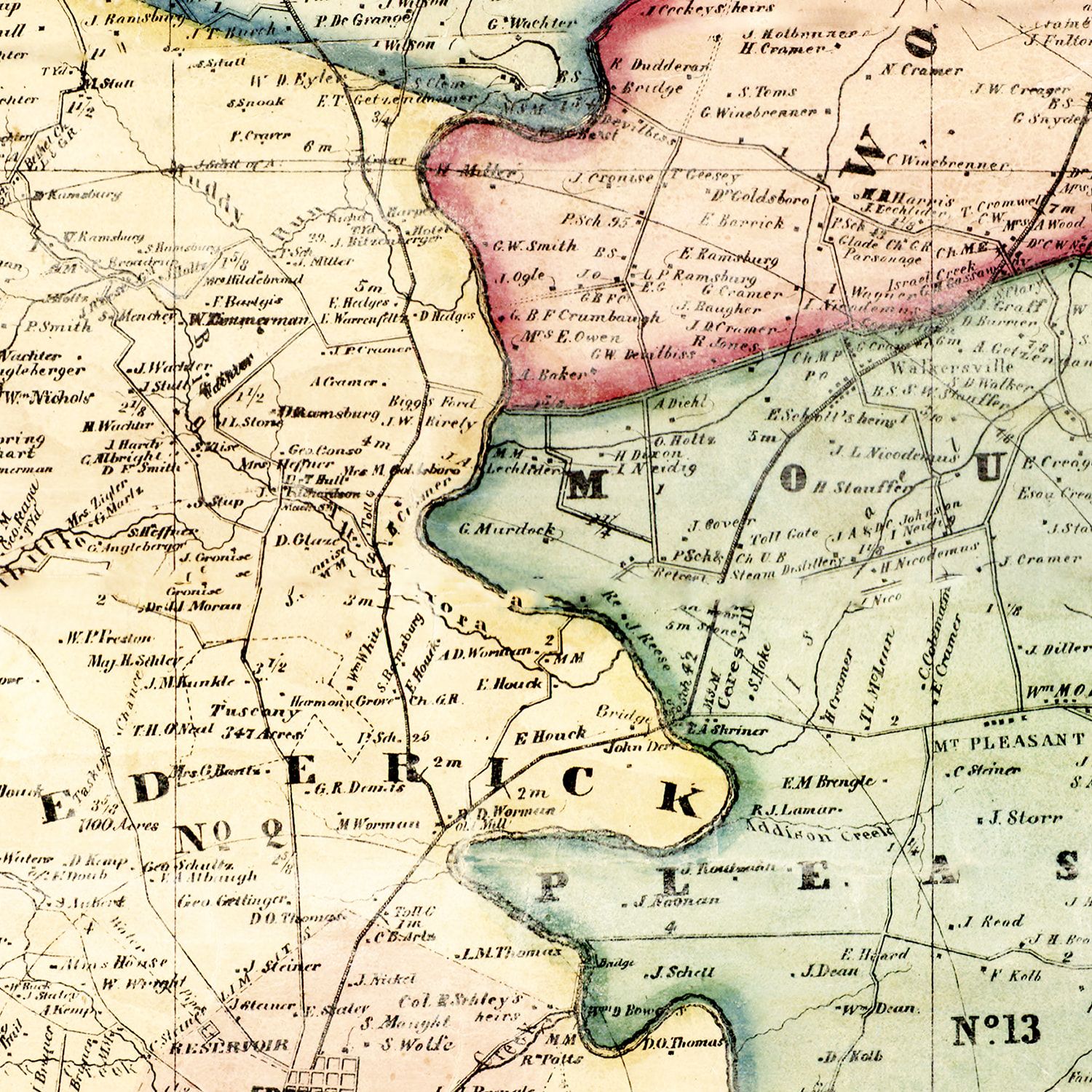 Restored historic details from the 1858 county map of Frederick County, Maryland