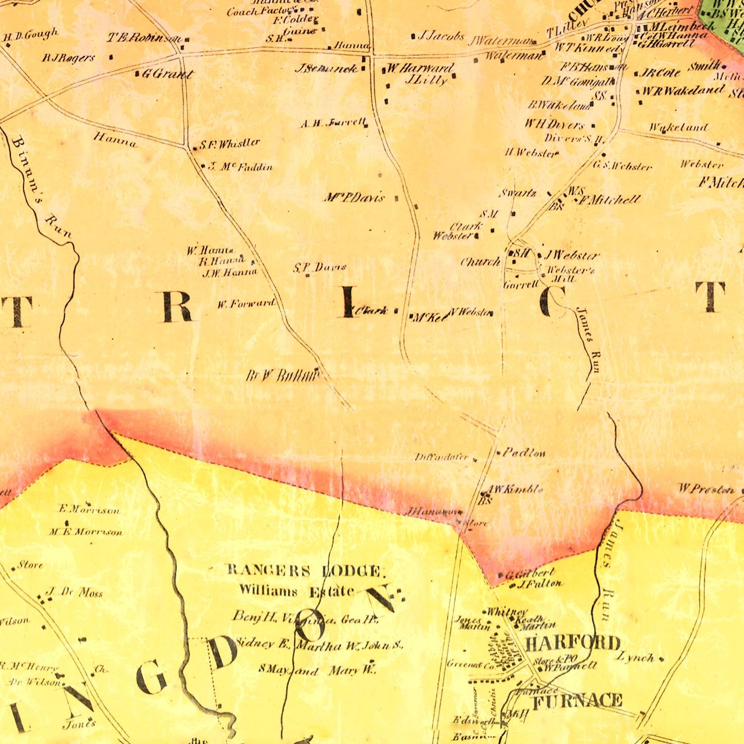 Restored historic details from the 1861 county map of Harford County, Maryland