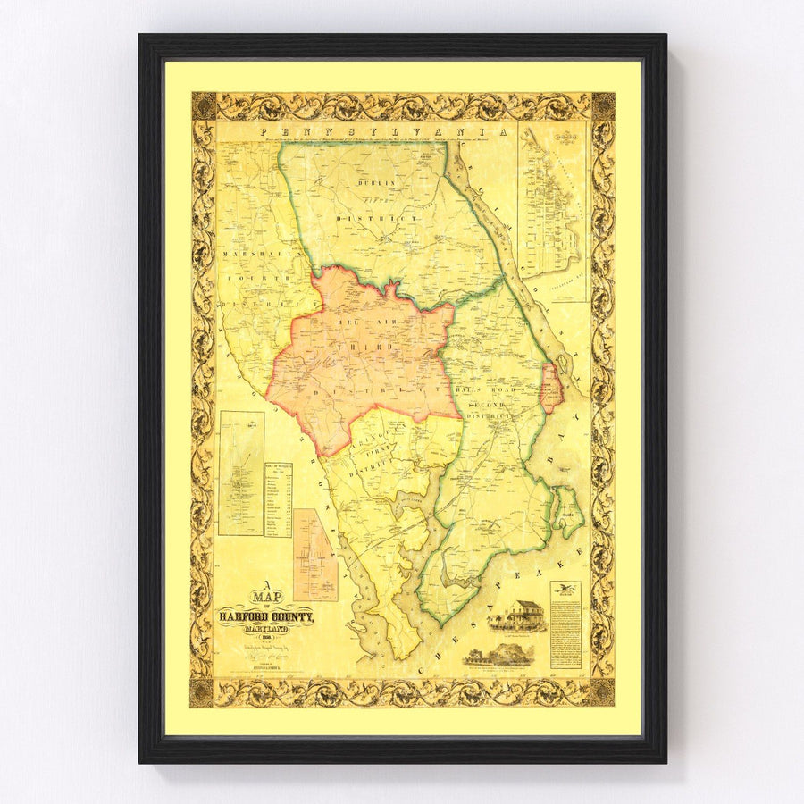 Vintage Map of Harford County, Maryland 1861