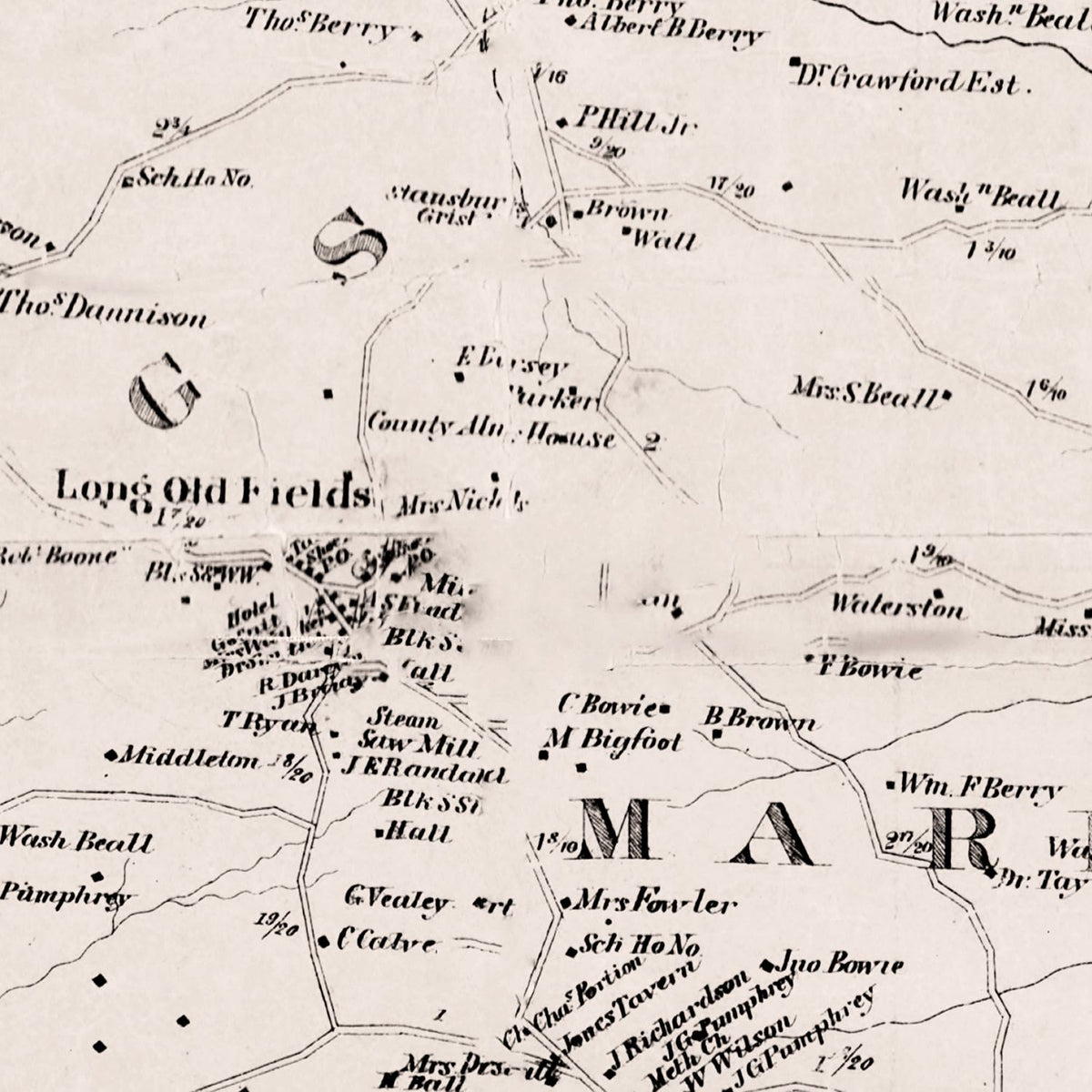 Restored historic details from the 1861 county map of Prince George County, Maryland