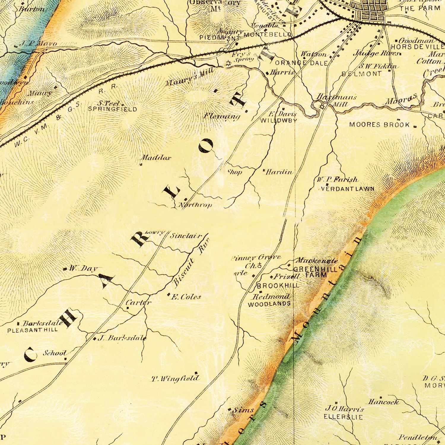Restored historic details from the 1875 county map of Albemarle County, Virginia