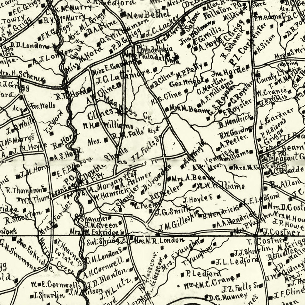 Restored historic details from the 1886 county map of Cleveland County, North Carolina