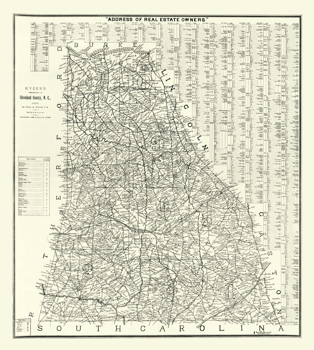 Vintage Map of Cleveland County, North Carolina 1886 print style example