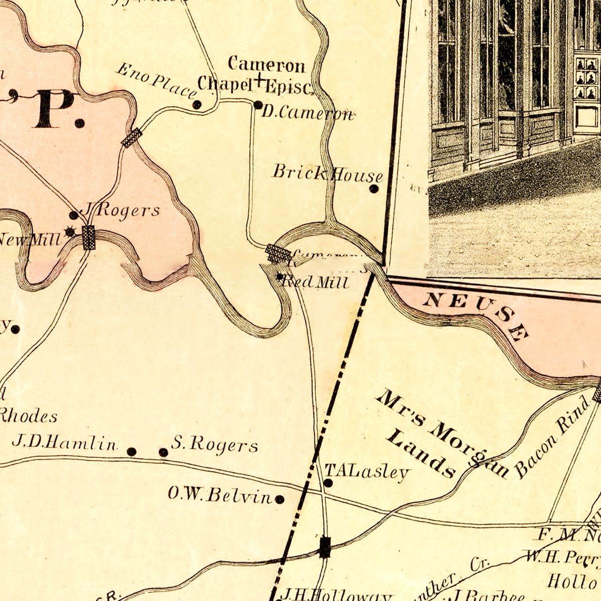 Restored historic details from the 1887 county map of Durham County, North Carolina