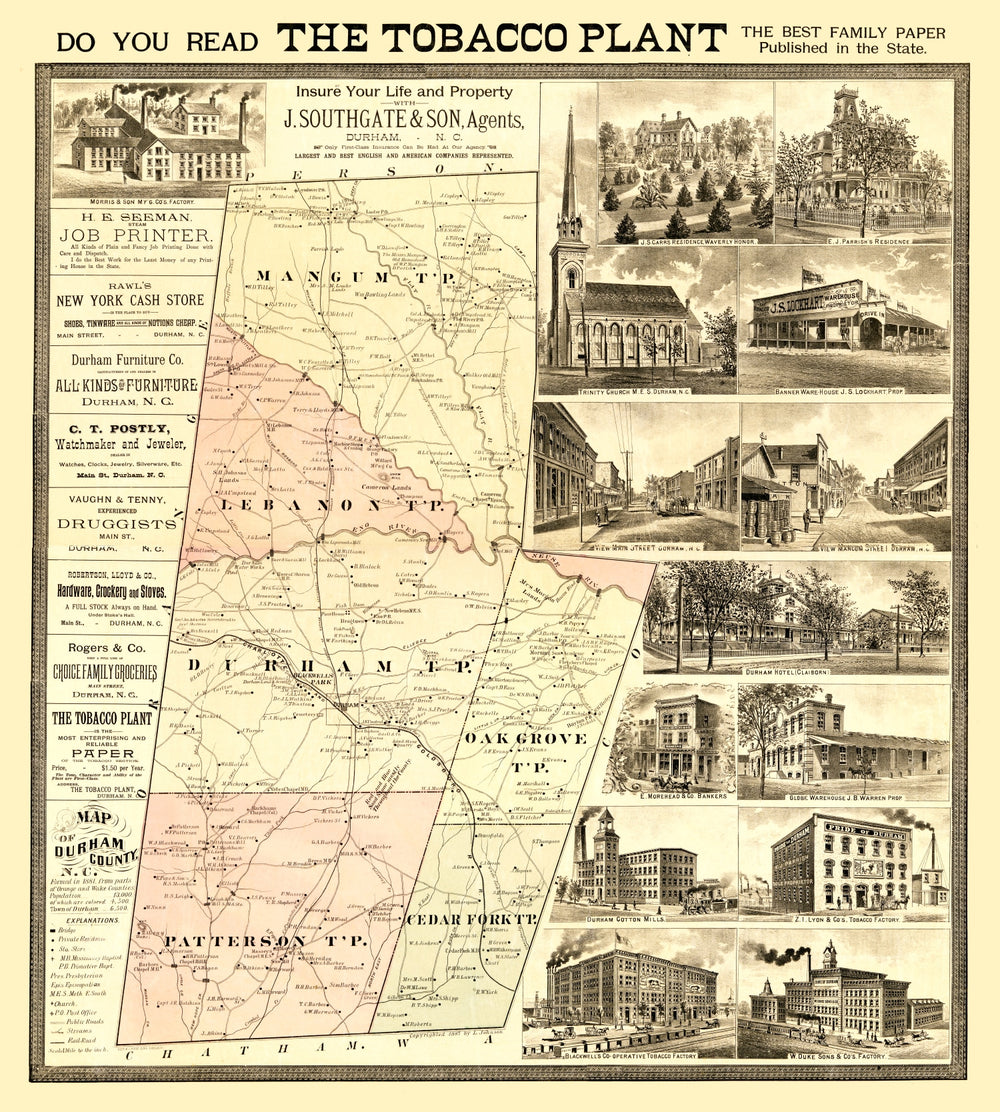 Vintage Map of Durham County, North Carolina 1887 print style example