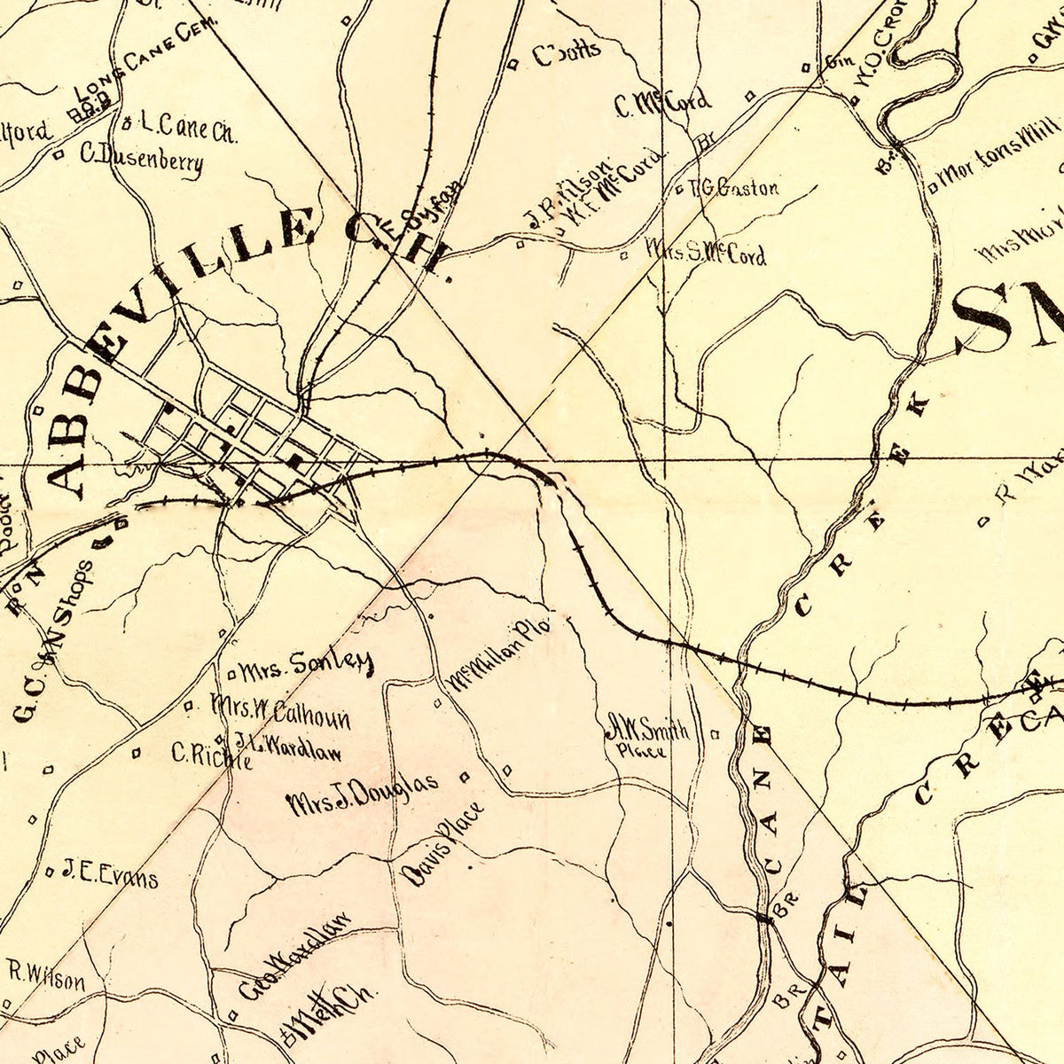 Restored historic details from the 1895 county map of Abbeville County, South Carolina