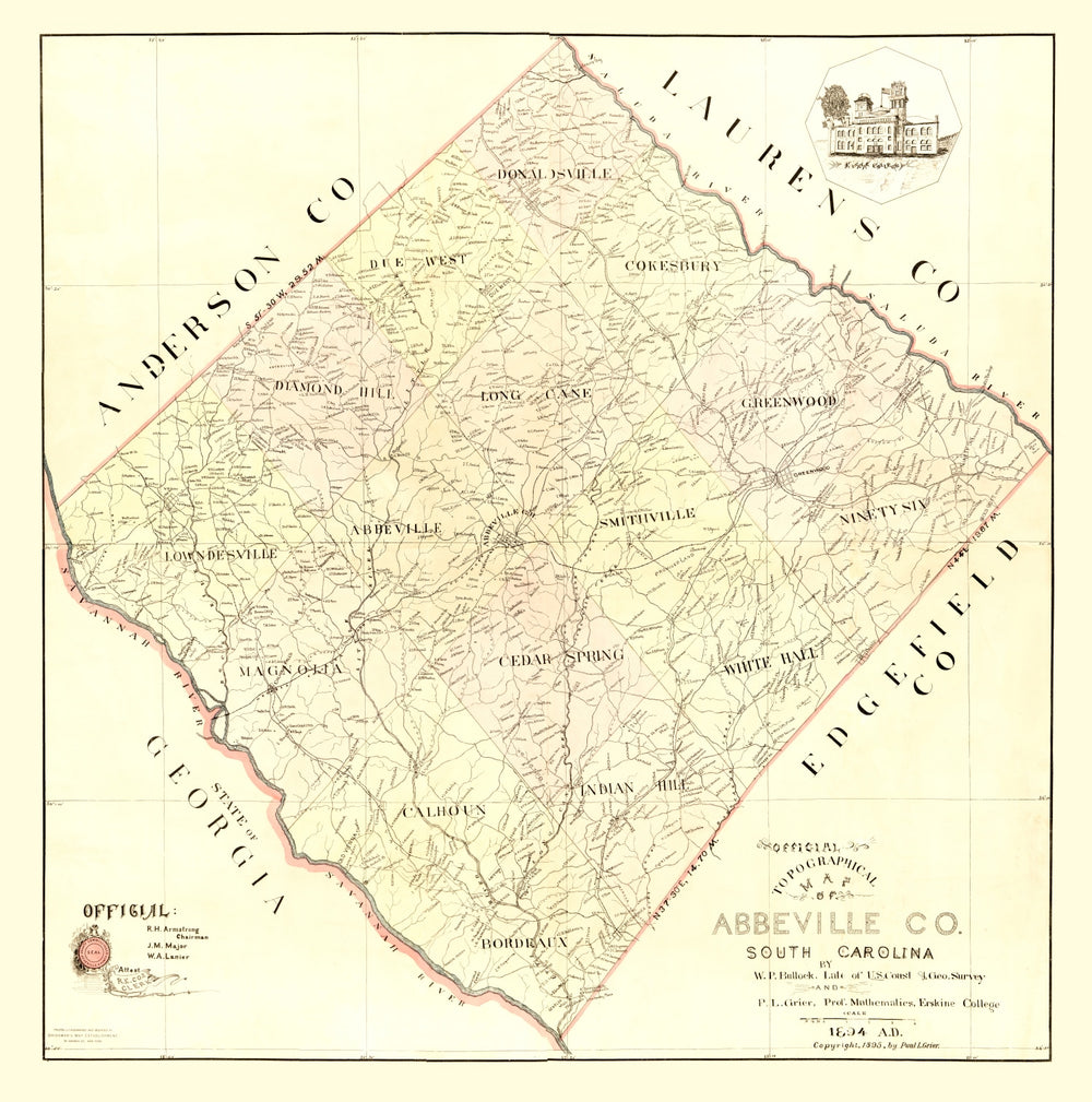 Vintage Map of Abbeville County, South Carolina 1895 print style example