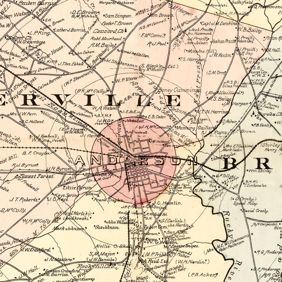 Restored historic details from the 1897 county map of Anderson County, South Carolina