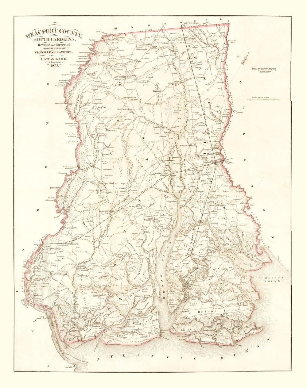 Vintage Map of Beaufort County, South Carolina 1873 print style example