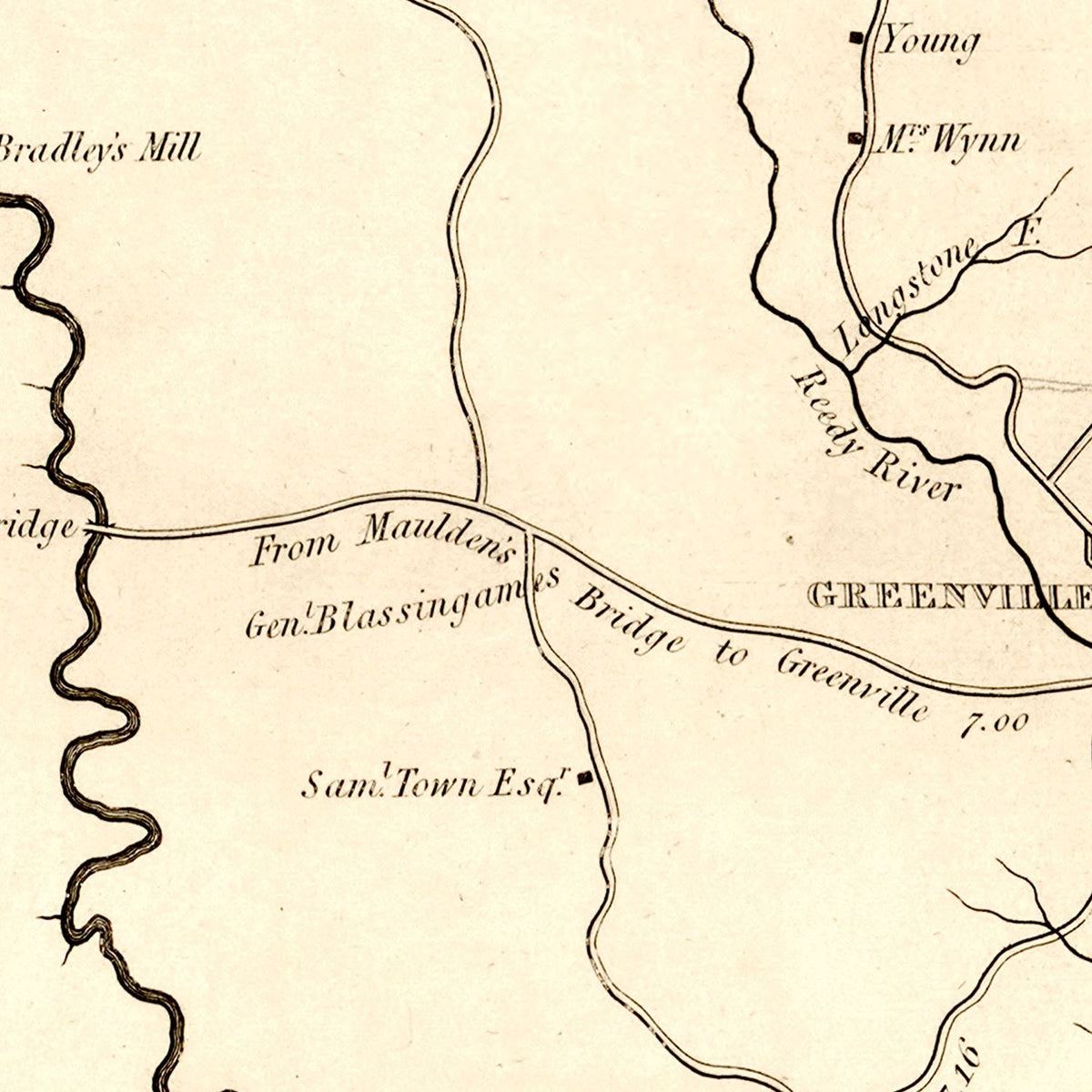 Restored historic details from the 1825 county map of Greenville District County, South Carolina