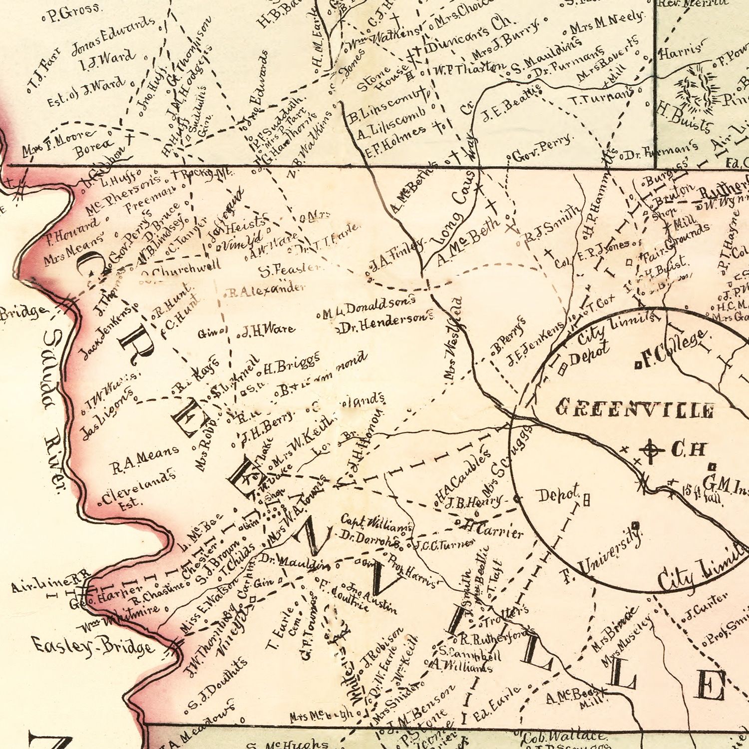 Restored historic details from the 1882 county map of Greenville County, South Carolina