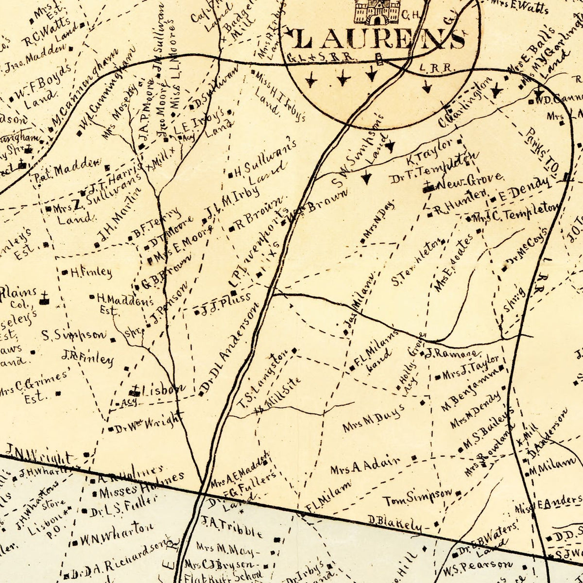 Restored historic details from the 1883 county map of Laurens County, South Carolina