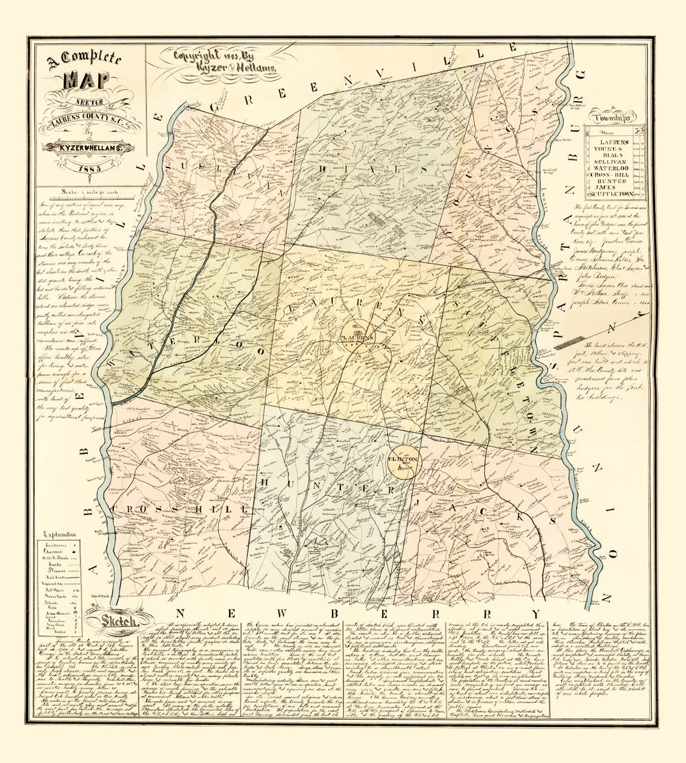 Vintage Map of Laurens County, South Carolina 1883 print style example