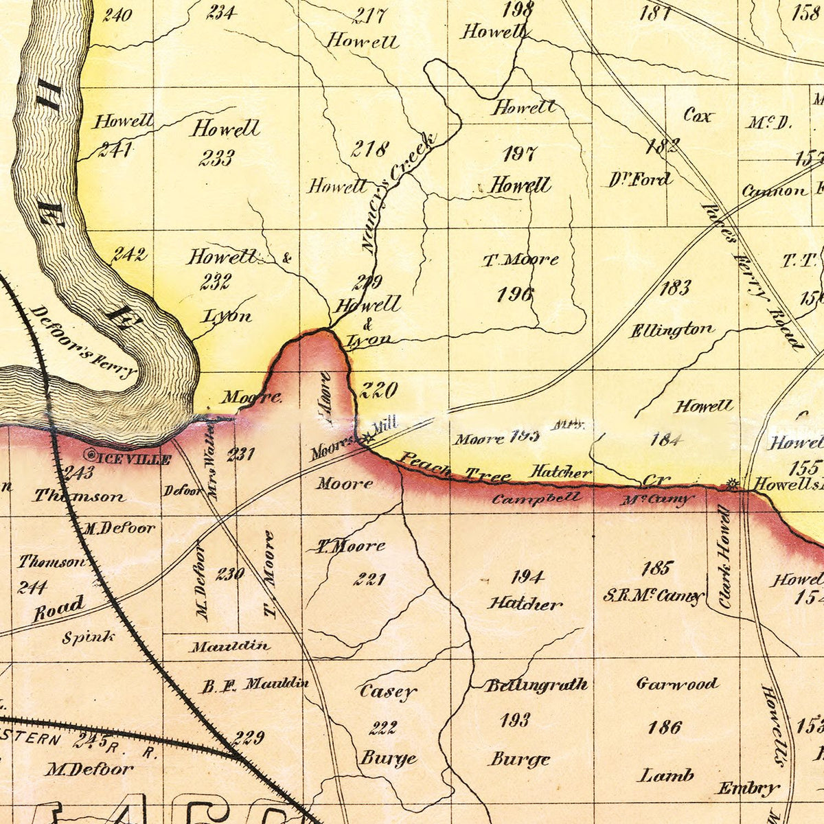 Restored historic details from the 1872 county map of Fulton County, Georgia