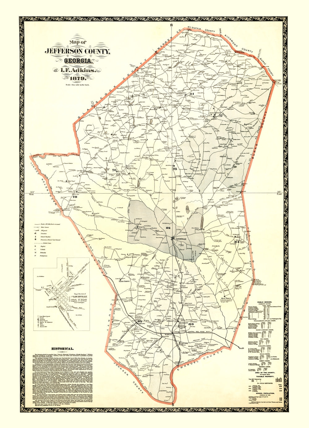 Vintage Map of Jefferson County, Georgia 1879 print style example