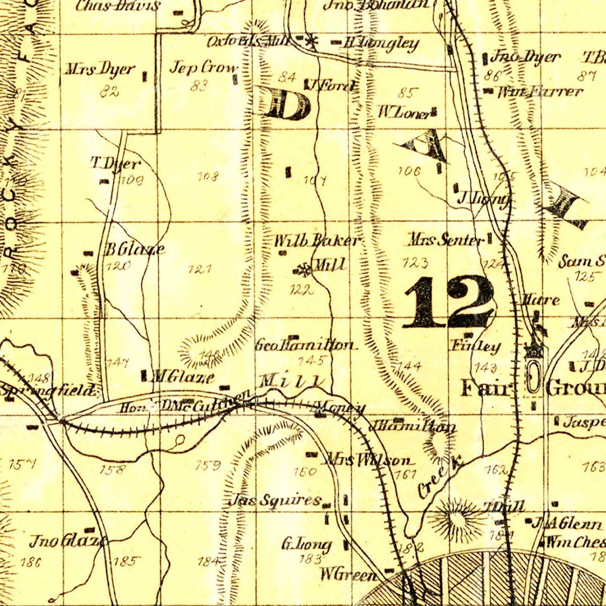 Restored historic details from the 1879 county map of Whitfield County, Georgia