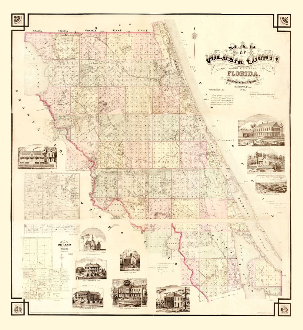 Vintage Map of Volusia County, Florida 1879 print style example