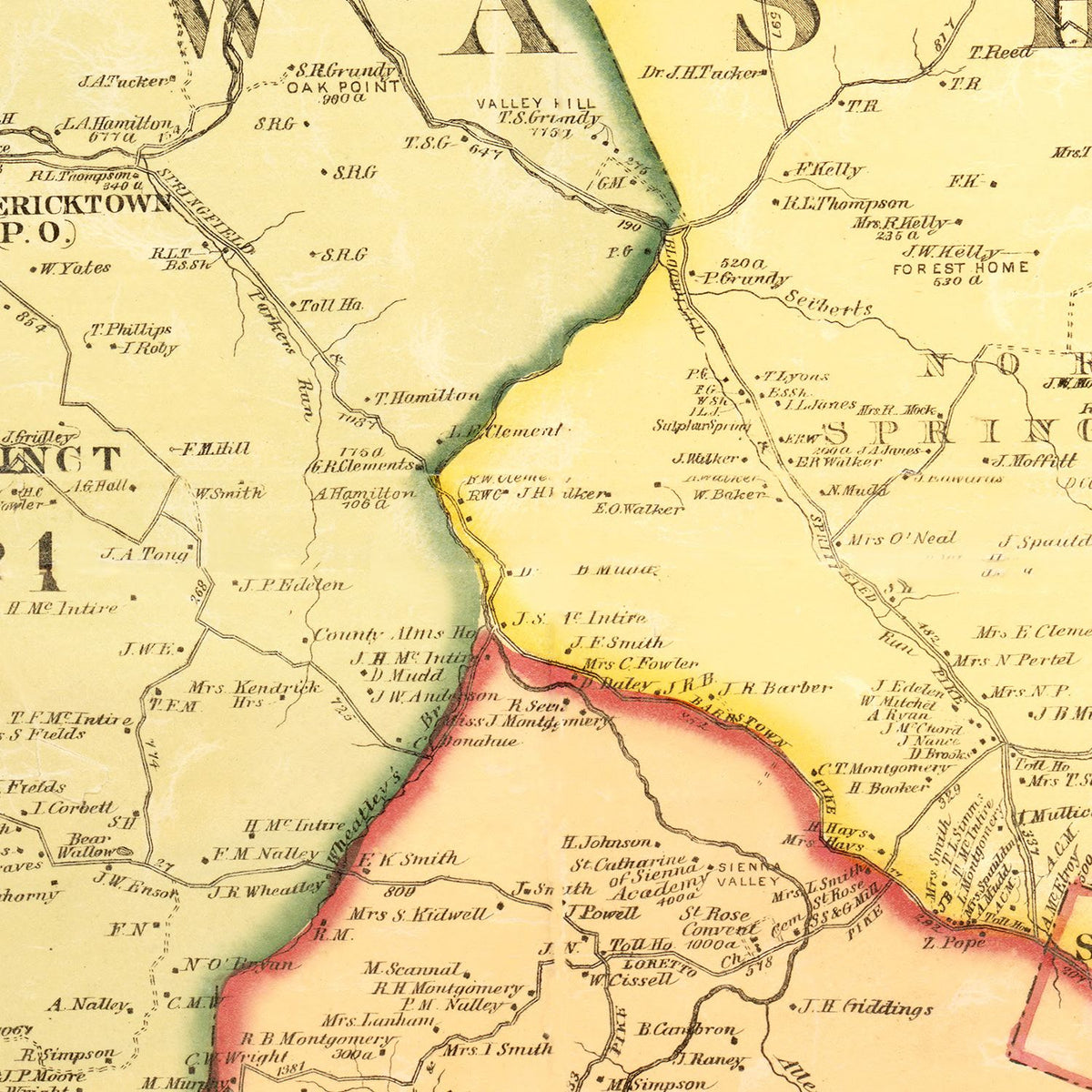 Restored historic details from the 1877 county map of Marion County, Kentucky
