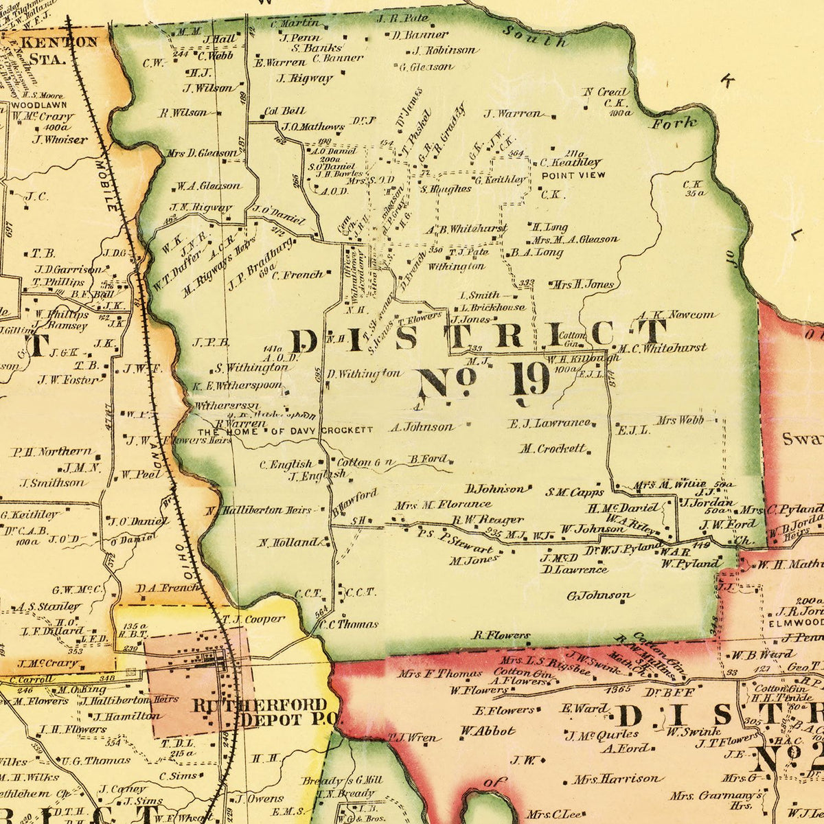 Restored historic details from the 1877 county map of Gibson County, Tennessee