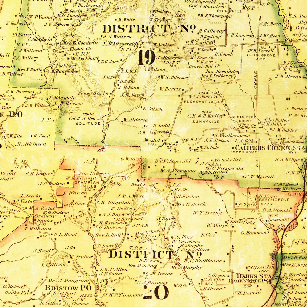 Restored historic details from the 1878 county map of Maury County, Tennessee