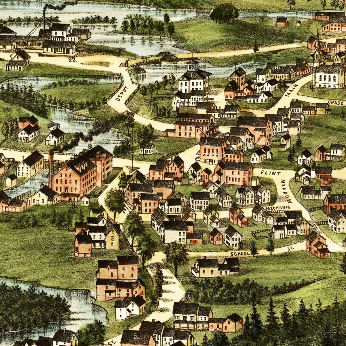 Restored historic details from the 1888 city map of Bridgton, Maine