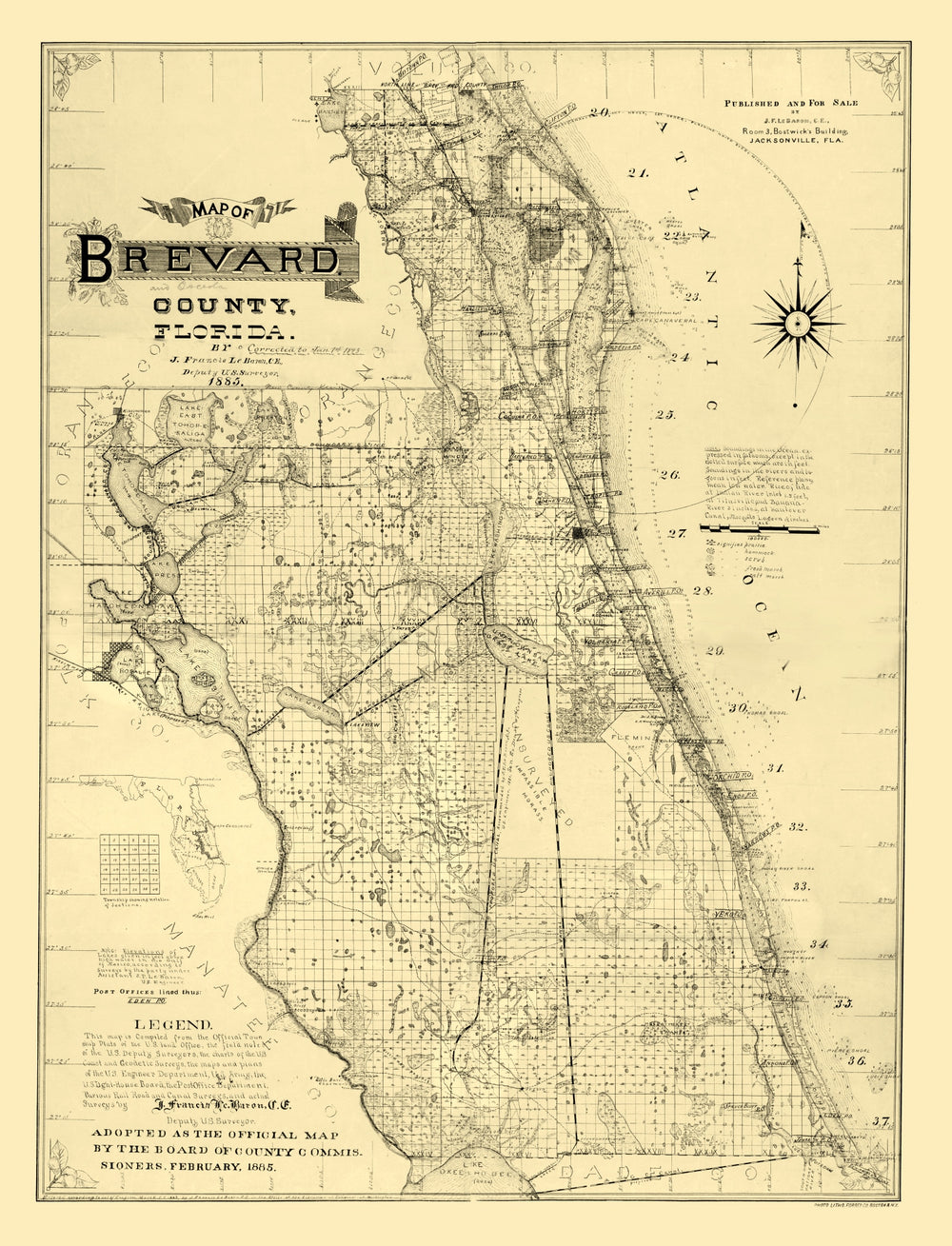 Vintage Map of Brevard County, Florida 1893 print style example