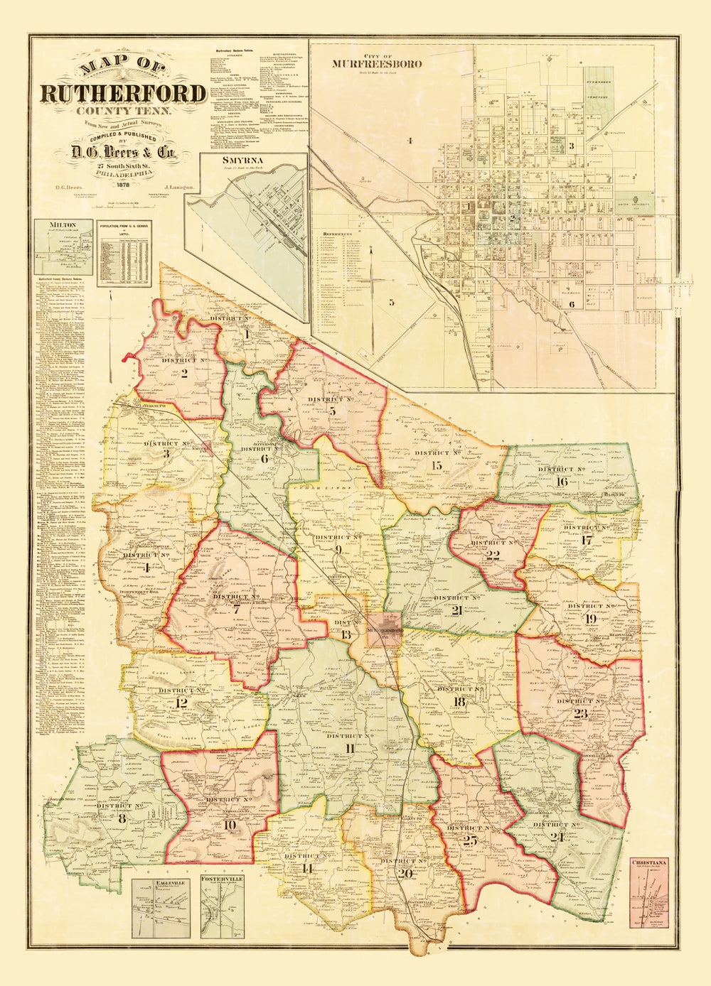 Vintage Map of Rutherford County, Tennessee 1878 print style example