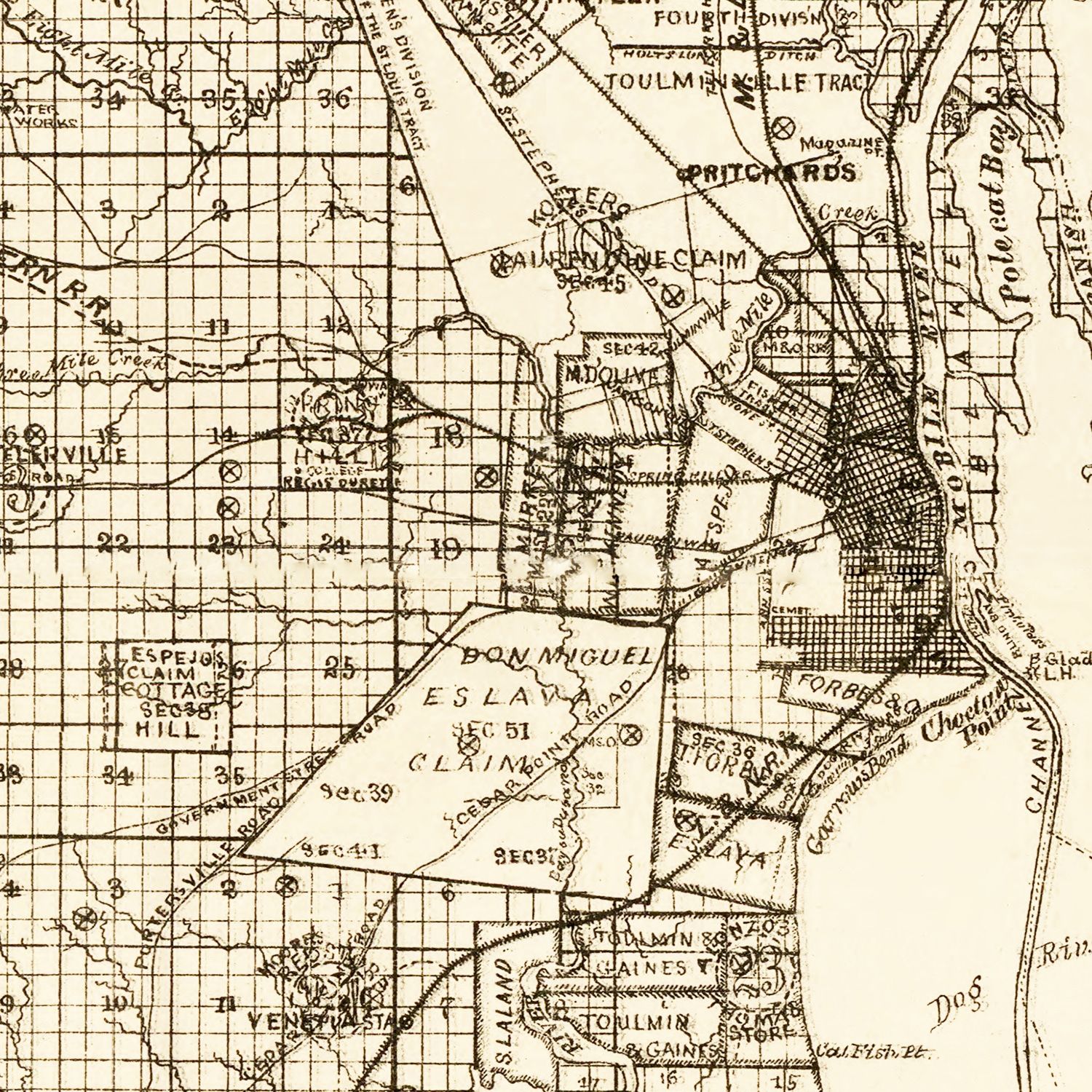 Restored historic details from the 1895 county map of Mobile County, Alabama