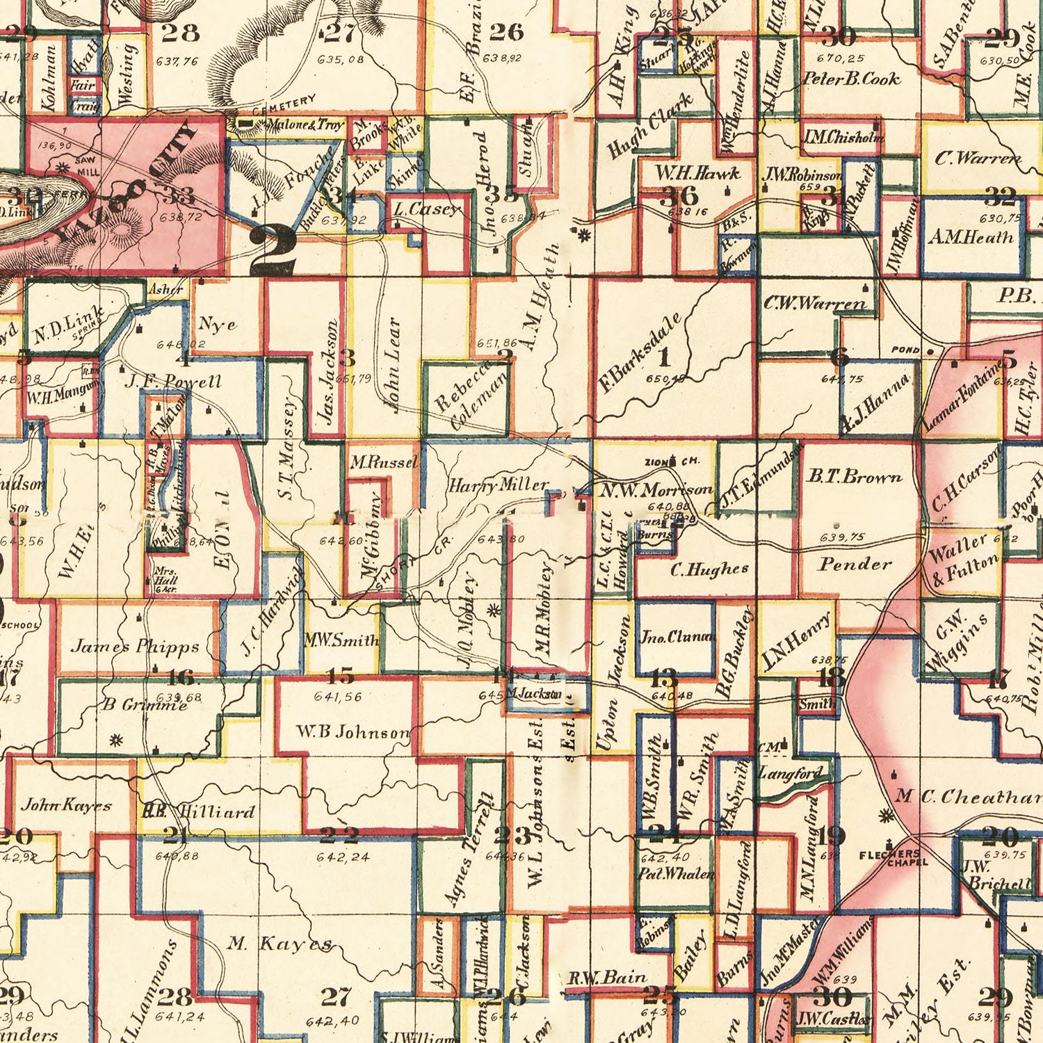 Restored historic details from the 1874 county map of Yazoo County, Mississippi
