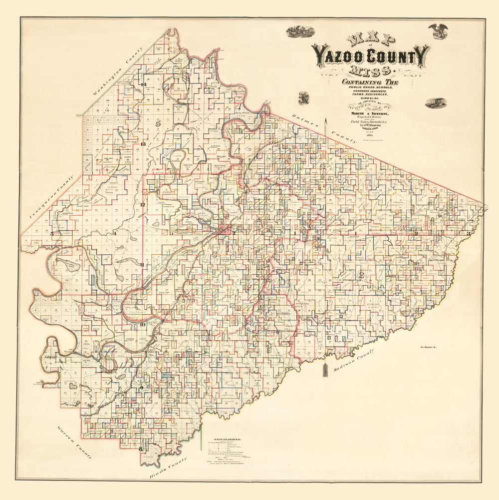 Vintage Map of Yazoo County, Mississippi 1874 print style example
