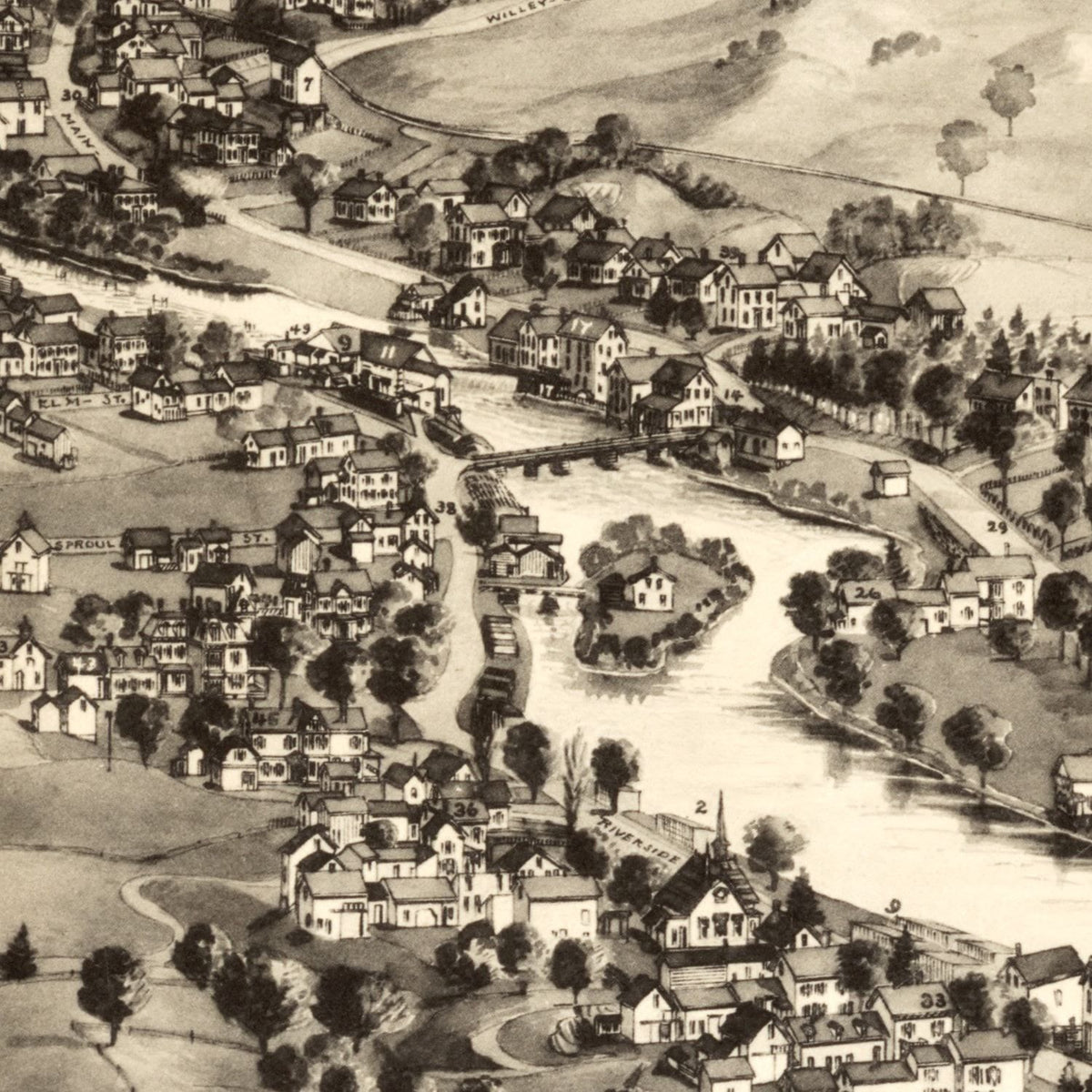 Restored historic details from the 1896 city map of Cherryfield, Maine