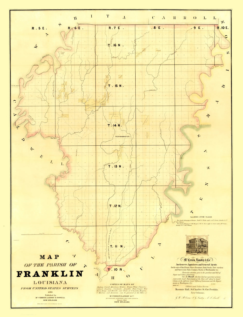 Vintage Map of Franklin Parish, Louisiana 1860 print style example