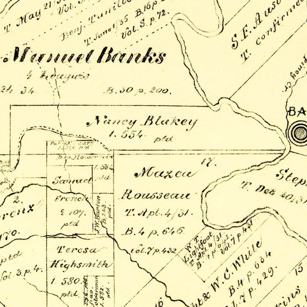 Restored historic details from the 1879 county map of Bastrop County, Texas