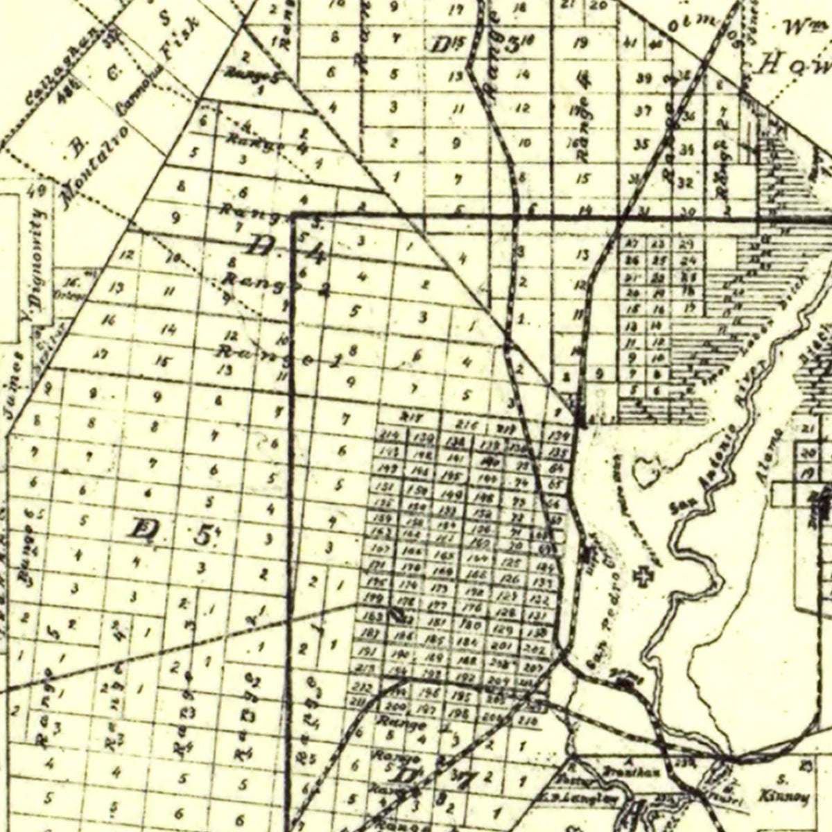 Restored historic details from the 1887 county map of Bexar County, Texas