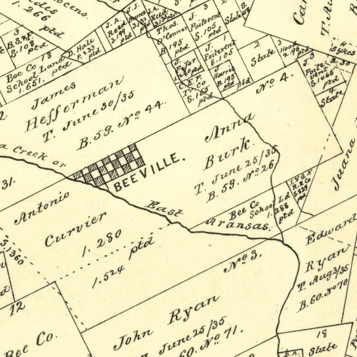 Restored historic details from the 1879 county map of Bee County, Texas