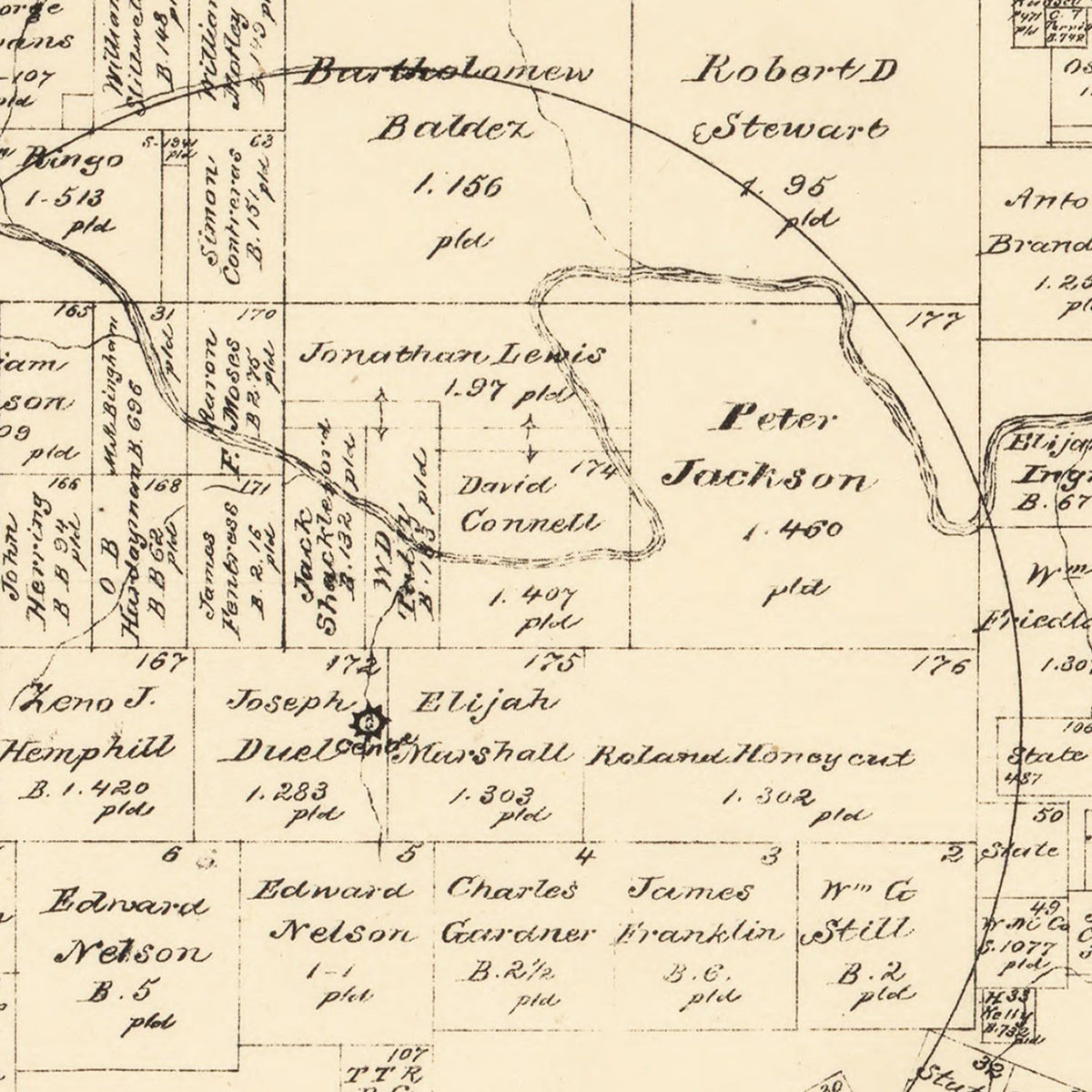 Restored historic details from the 1879 county map of Blanco County, Texas