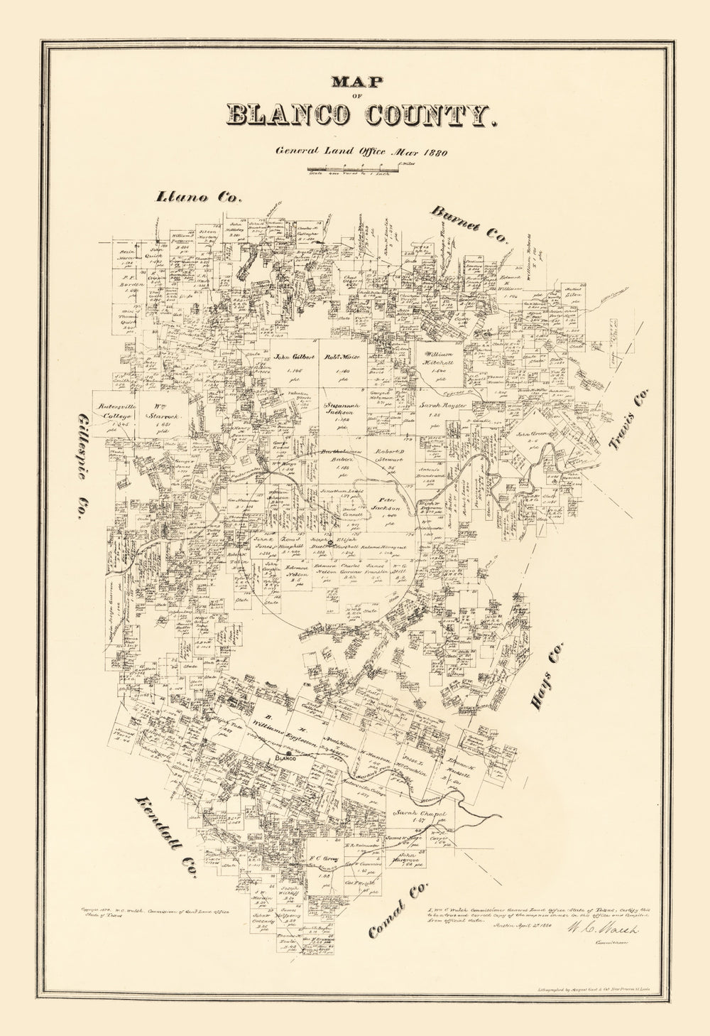 Vintage Map of Blanco County, Texas 1879 print style example