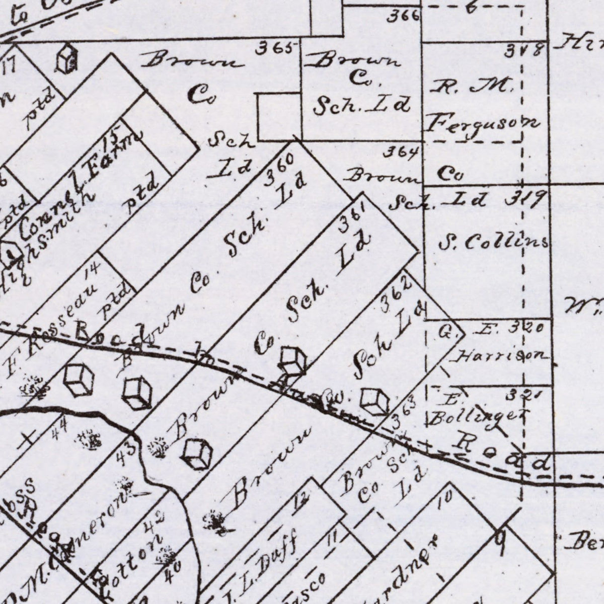 Restored historic details from the 1876 county map of Brown County, Texas