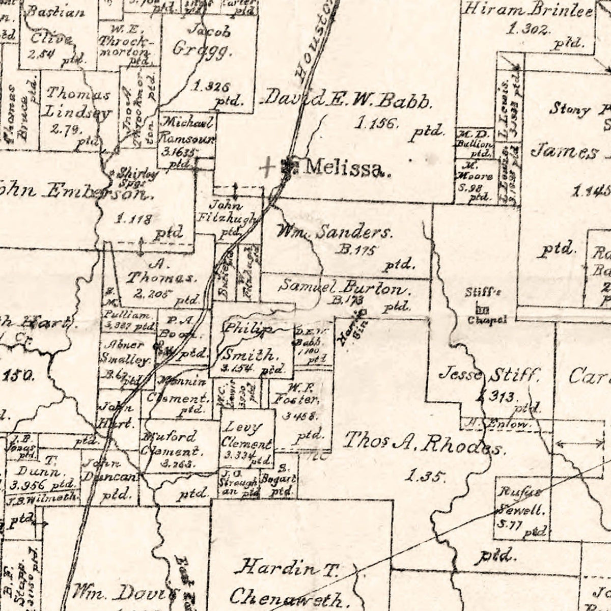 Restored historic details from the 1881 county map of Collin County, Texas