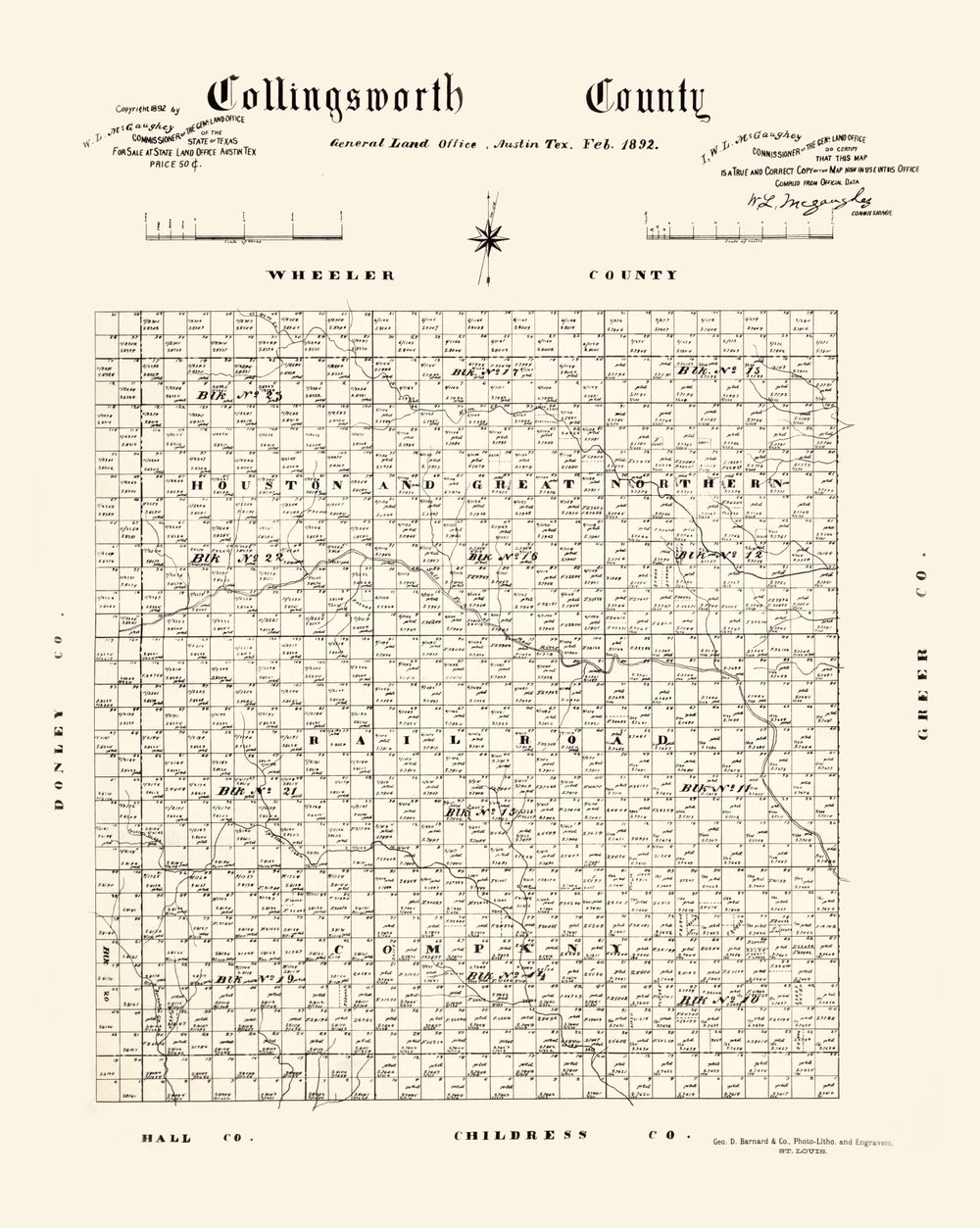 Vintage Map of Collingsworth County, Texas 1892 print style example